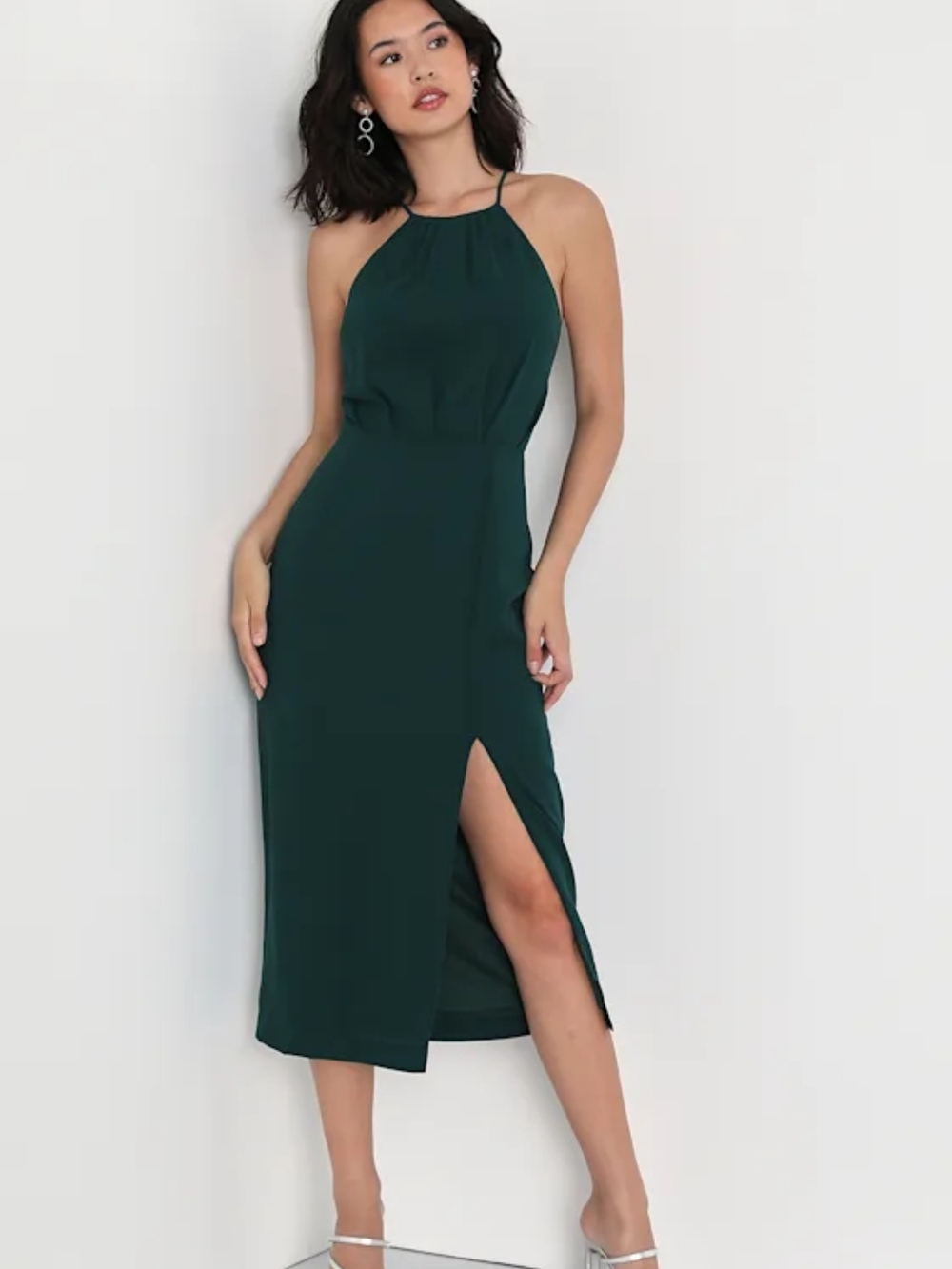 Elegant Dark Green Halter Midi Dress